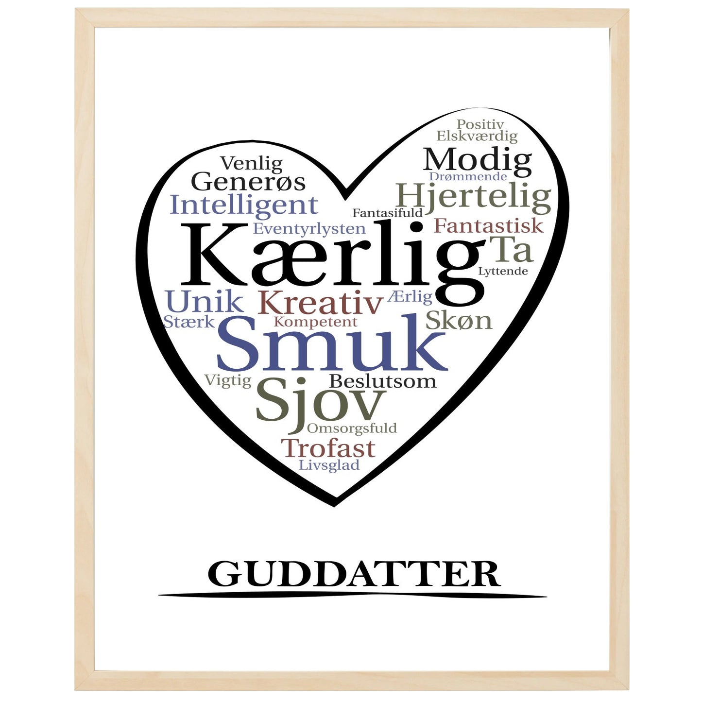 En plakat med overskriften Guddatter, et hjerte og indeni hjertet mange positive ord som beskriver en Guddatter