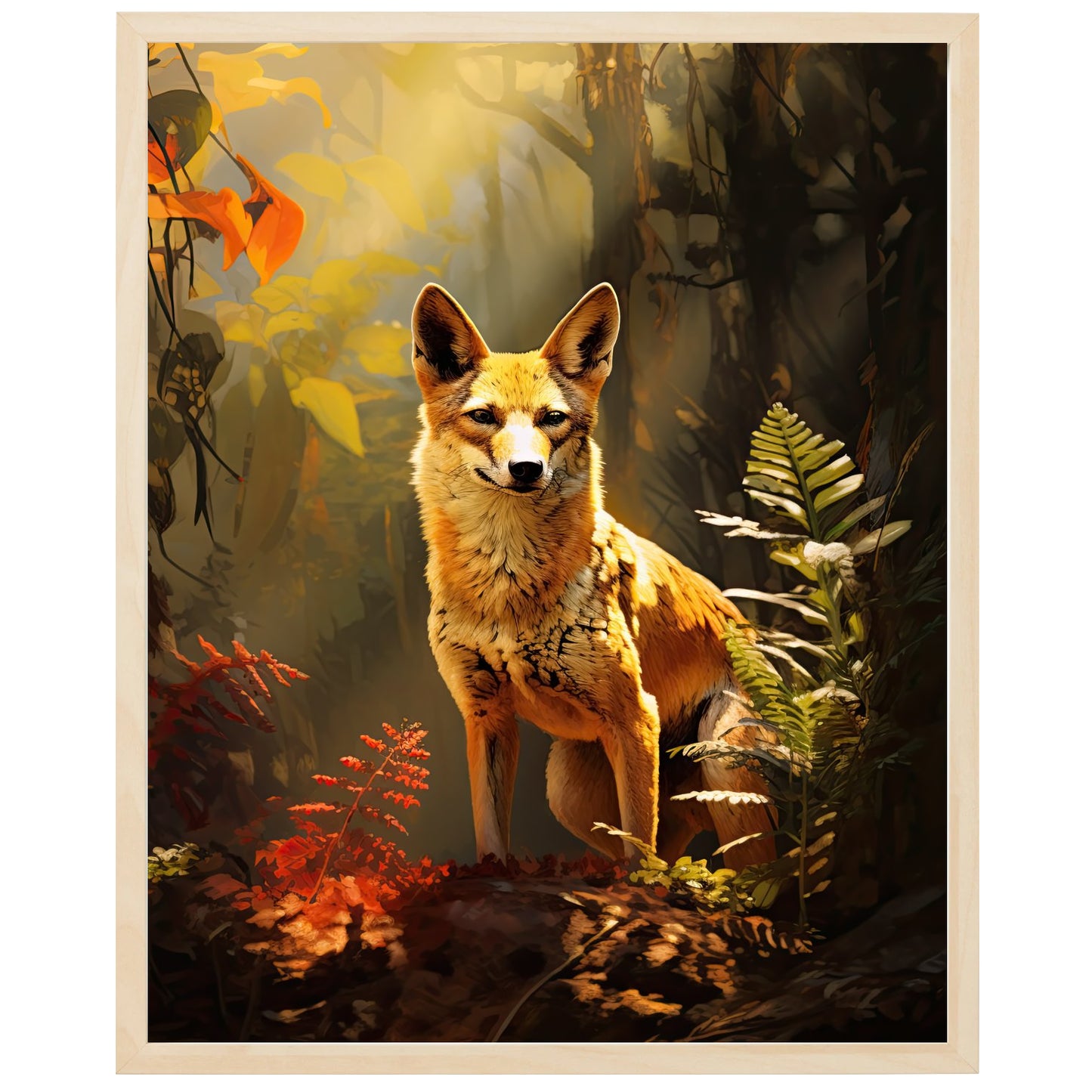 På billedet er der en guldsjakal i et øde ørkenlandskab. Den har en smuk og majestætisk pels og gule øjne, der udstråler styrke og intelligens. Jakalen står med hovedet let løftet og virker som om den er på vigtig rejse eller mission. Omkring den er der kun sand og ørkenplanter, der viser den barske og øde natur. Alligevel udstråler jakalen selvtillid og selvsikkerhed og er i kontakt med sin indre styrke og visdom.