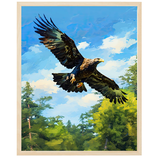 På billedet er en majestætisk kongeørn afbildet i al sin pragtfulde skønhed. Den fylder billedet med sin imponerende størrelse og fjerpragt. Ørnen flyver højt oppe i himlen omgivet af mørke skyer og tordnende lyn, hvilket skaber en dramatisk og intens stemning. Med sit skarpe blik og kraftfulde vinger udstråler kongeørnen styrke og autoritet, som om den er hersker over himlen. Det er et øjeblik, der vækker ærefrygt og ærefrygt, hvor vi beundrer dyrets kongelige udstråling og føler os ydmyge i dens nærvær.