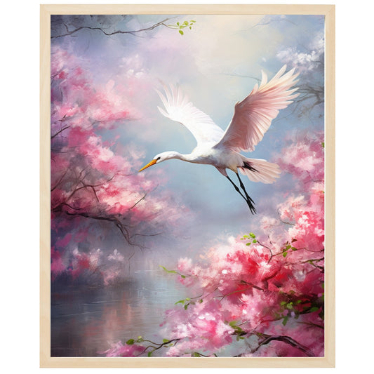 Dette billede viser en smaragdgrøn skov med solens stråler, der bryder igennem trætoppene og skaber et magisk lys. I midten ses en majestætisk stork, der ser ud til at være i gang med en elegant dansebevægelse med udfoldede vinger. Storken virker som om den er dronning over alt livet omkring den og symboliserer visdom, beskyttelse og frugtbarhed. Billedet formidler en unik og mystisk stemning, der tager os med på en rejse ind i naturens forunderlige verden.