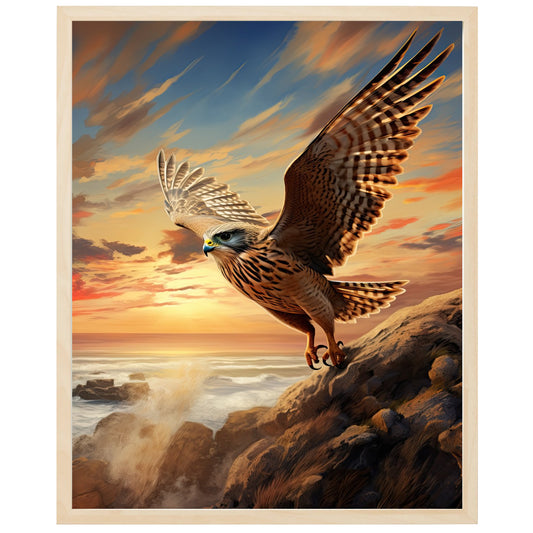 På en solrig dag svæver en majestætisk tårnfalk elegangt gennem luften over en åben eng. Med sit skarpe blik fanger den alle detaljer på jorden og symboliserer styrke og smidighed. Omgivet af naturens skønhed udstråler dette billede en følelse af frihed. Tårnfalken viser os, at naturen er fyldt med imponerende skabninger, der er værd at beundre.