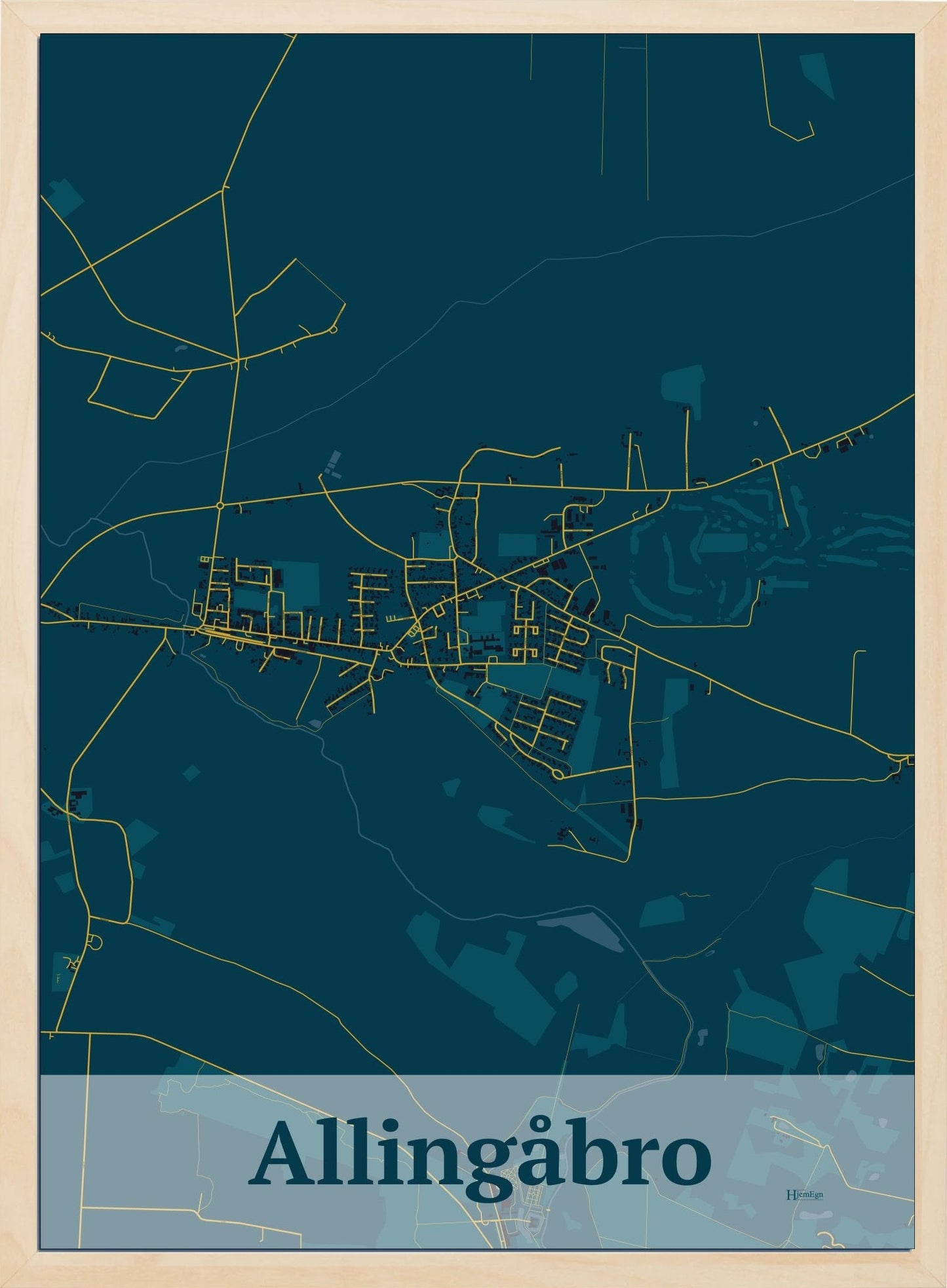 Allingåbro plakat i farve mørk blå og HjemEgn.dk design firkantet. Design bykort for Allingåbro