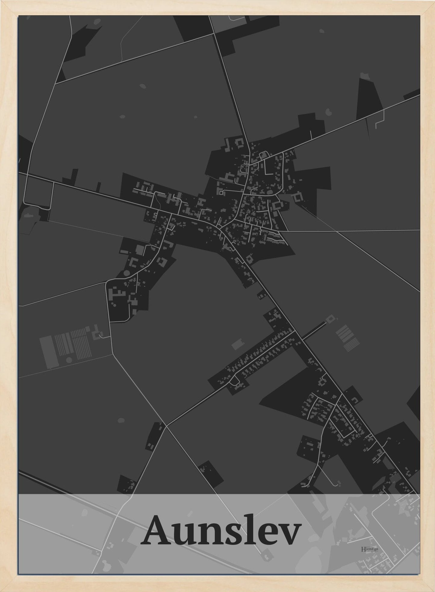 Aunslev plakat i farve mørk grå og HjemEgn.dk design firkantet. Design bykort for Aunslev