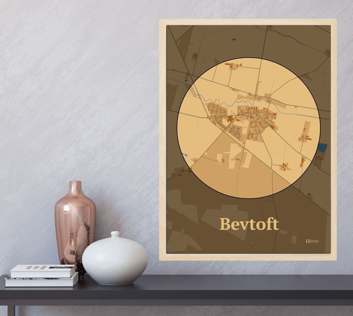 Bevtoft plakat i farve og HjemEgn.dk design centrum. Design bykort for Bevtoft