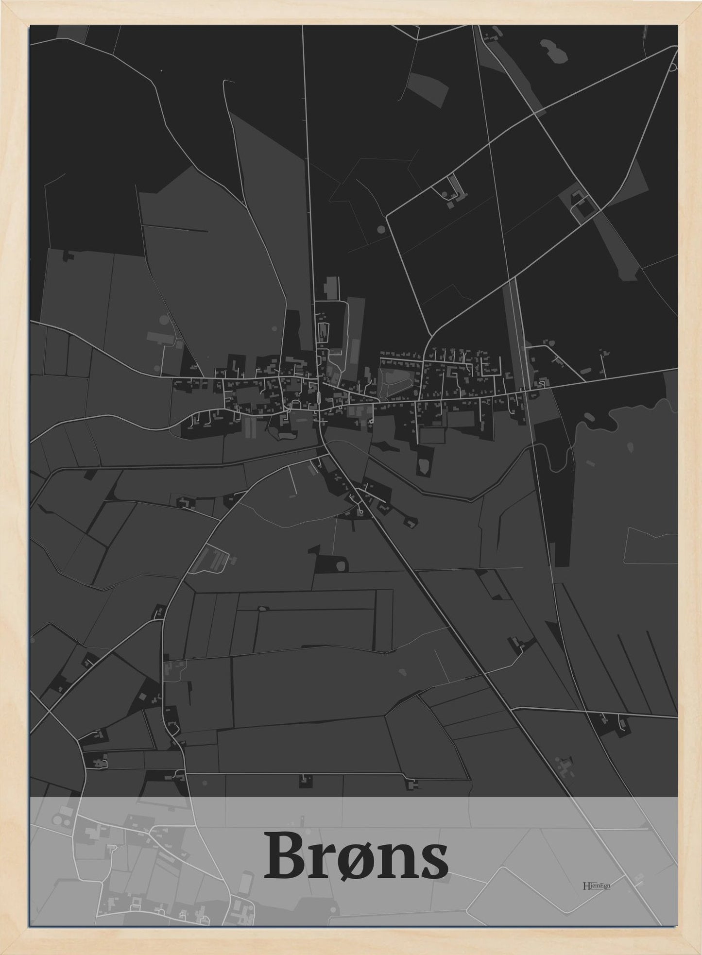 Brøns plakat i farve mørk grå og HjemEgn.dk design firkantet. Design bykort for Brøns