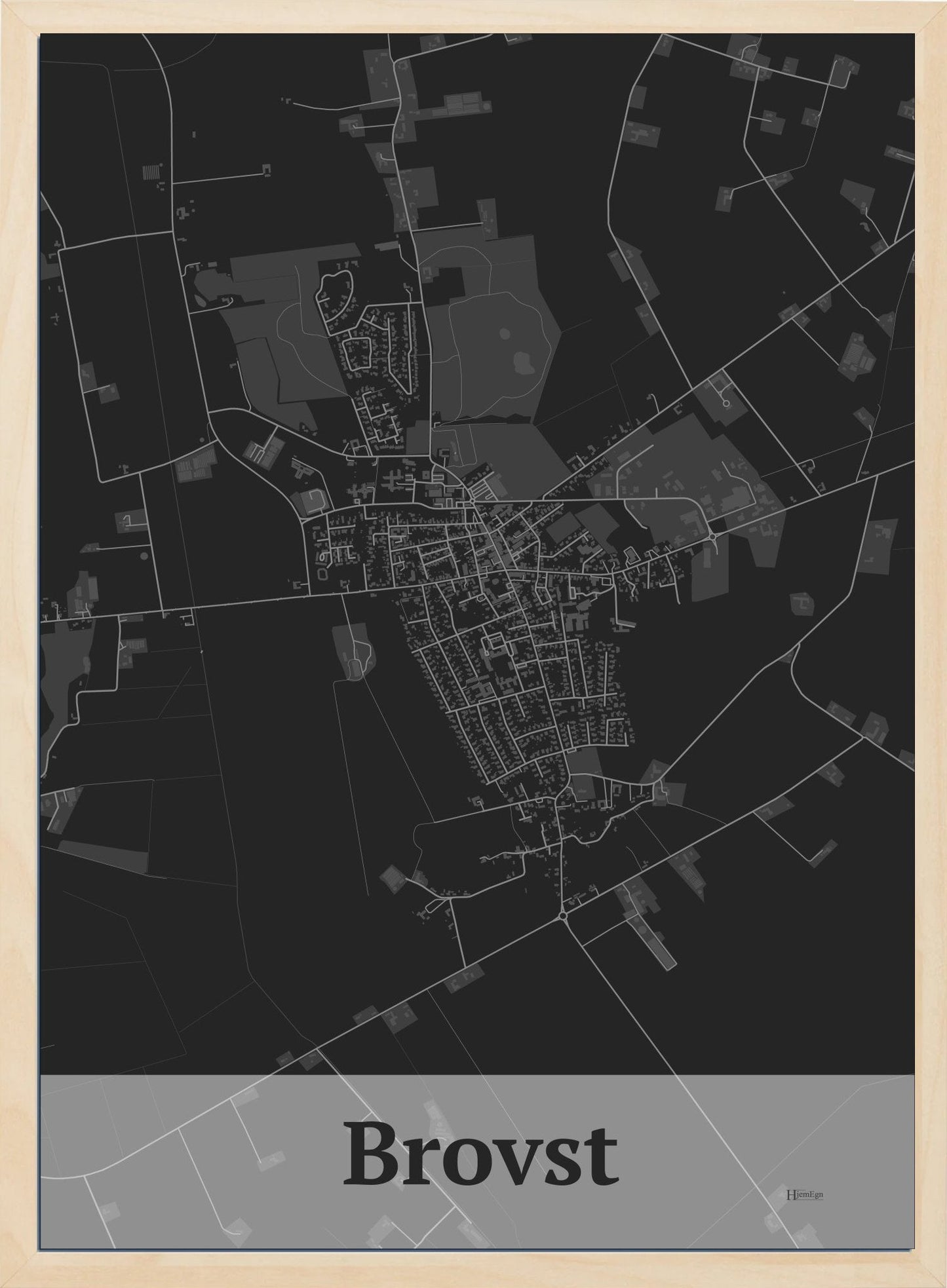Brovst plakat i farve mørk grå og HjemEgn.dk design firkantet. Design bykort for Brovst