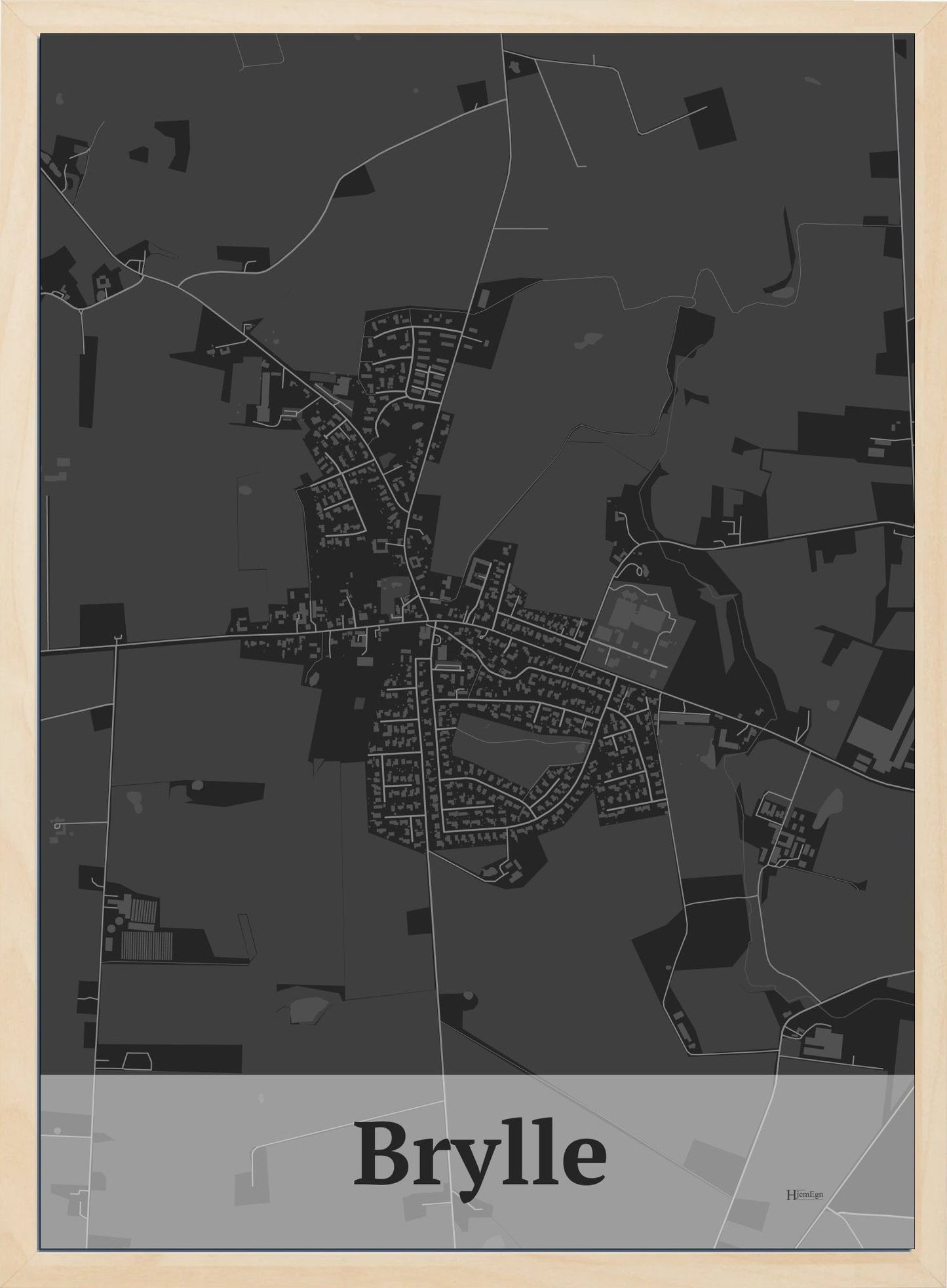 Brylle plakat i farve mørk grå og HjemEgn.dk design firkantet. Design bykort for Brylle