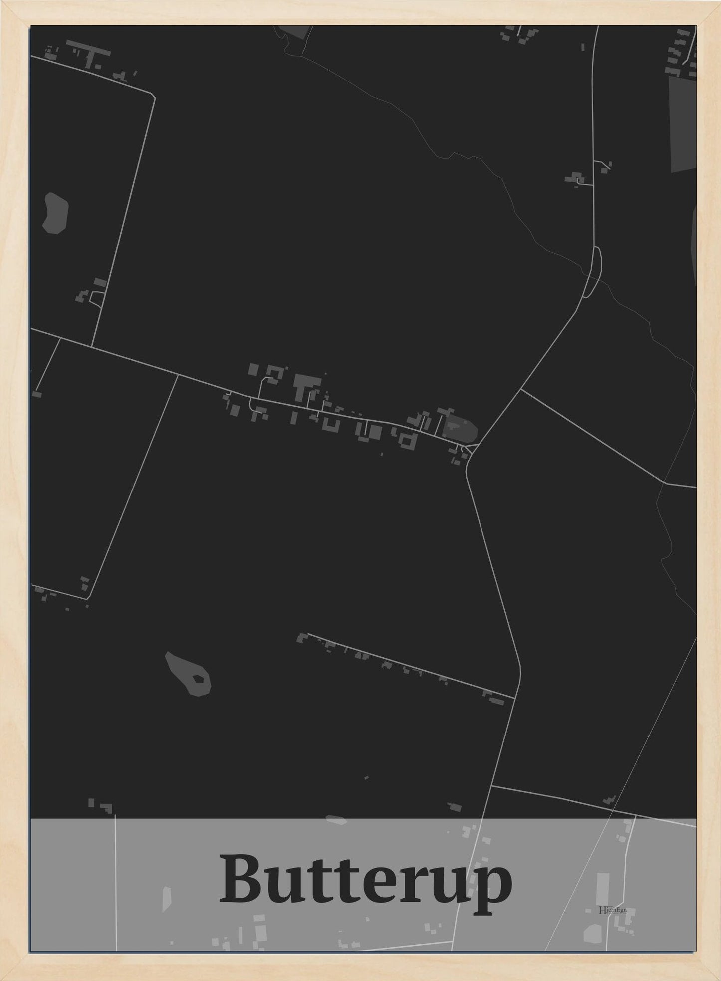 Butterup plakat i farve mørk grå og HjemEgn.dk design firkantet. Design bykort for Butterup
