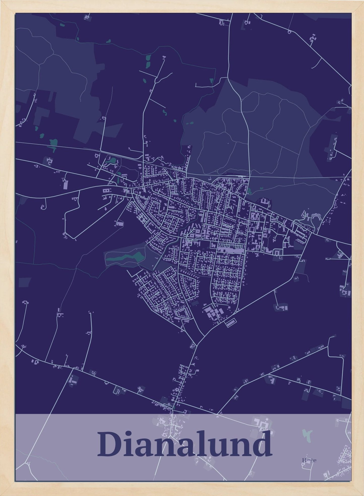 Dianalund plakat i farve mørk lilla og HjemEgn.dk design firkantet. Design bykort for Dianalund