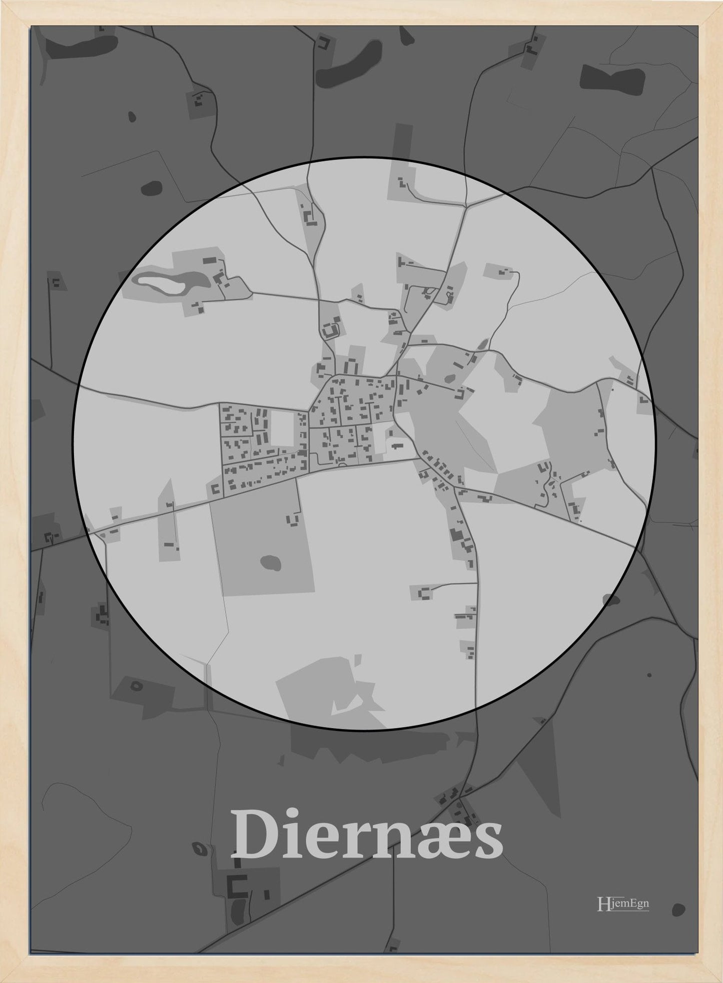 Diernæs plakat i farve pastel grå og HjemEgn.dk design centrum. Design bykort for Diernæs