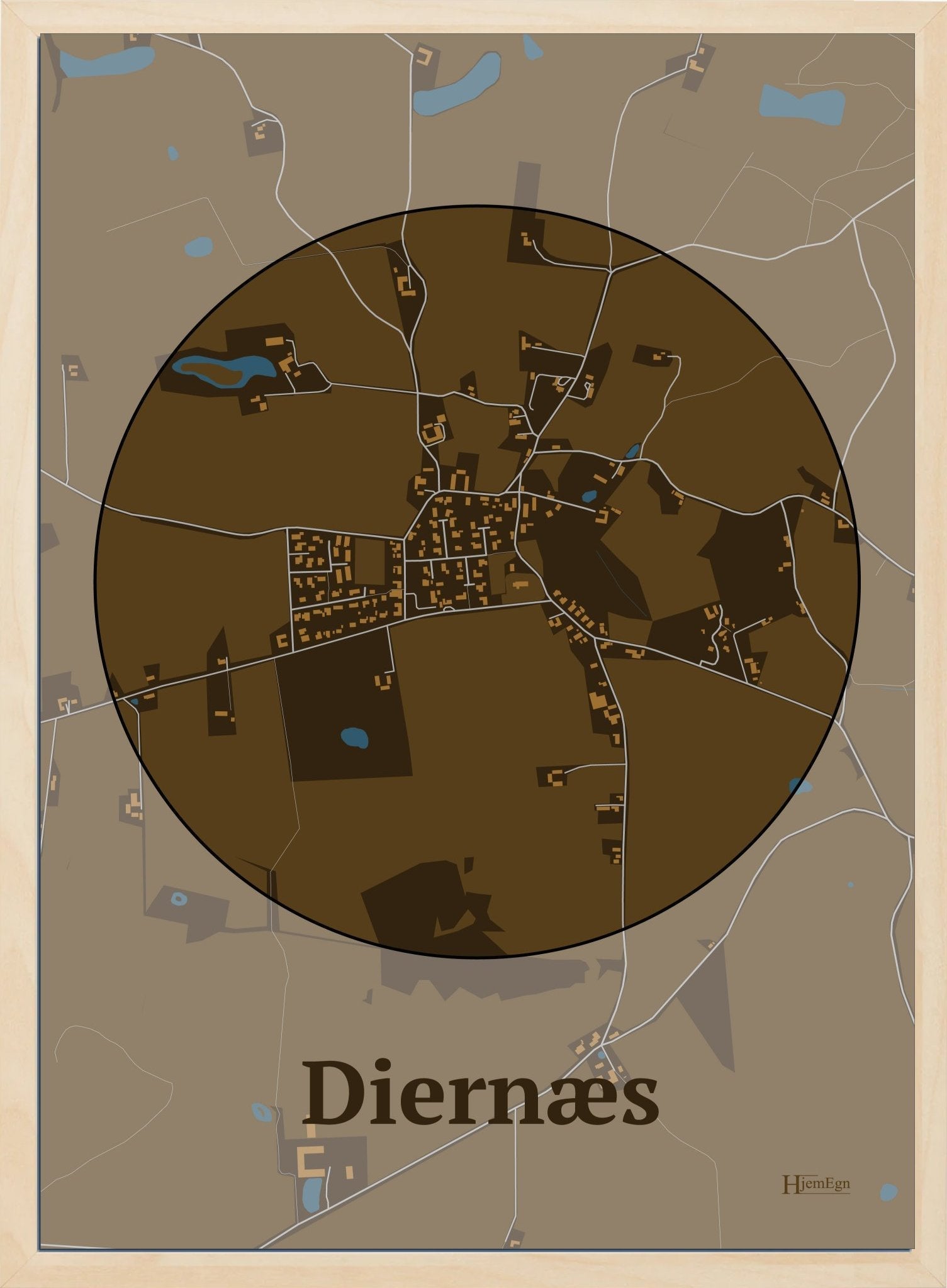 Diernæs plakat i farve mørk brun og HjemEgn.dk design centrum. Design bykort for Diernæs
