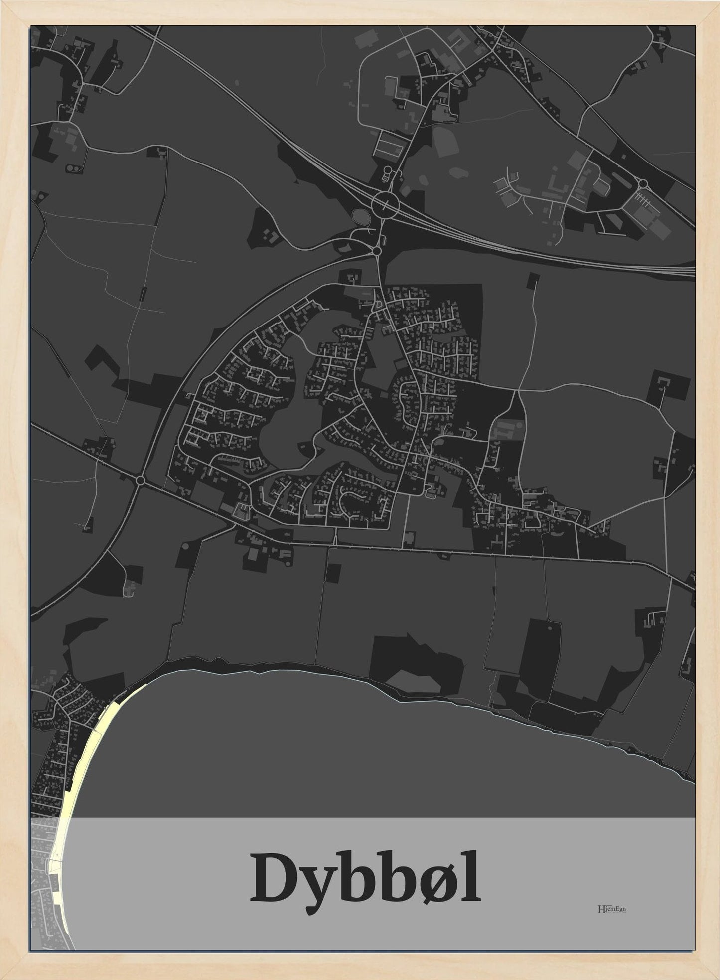 Dybbøl plakat i farve mørk grå og HjemEgn.dk design firkantet. Design bykort for Dybbøl