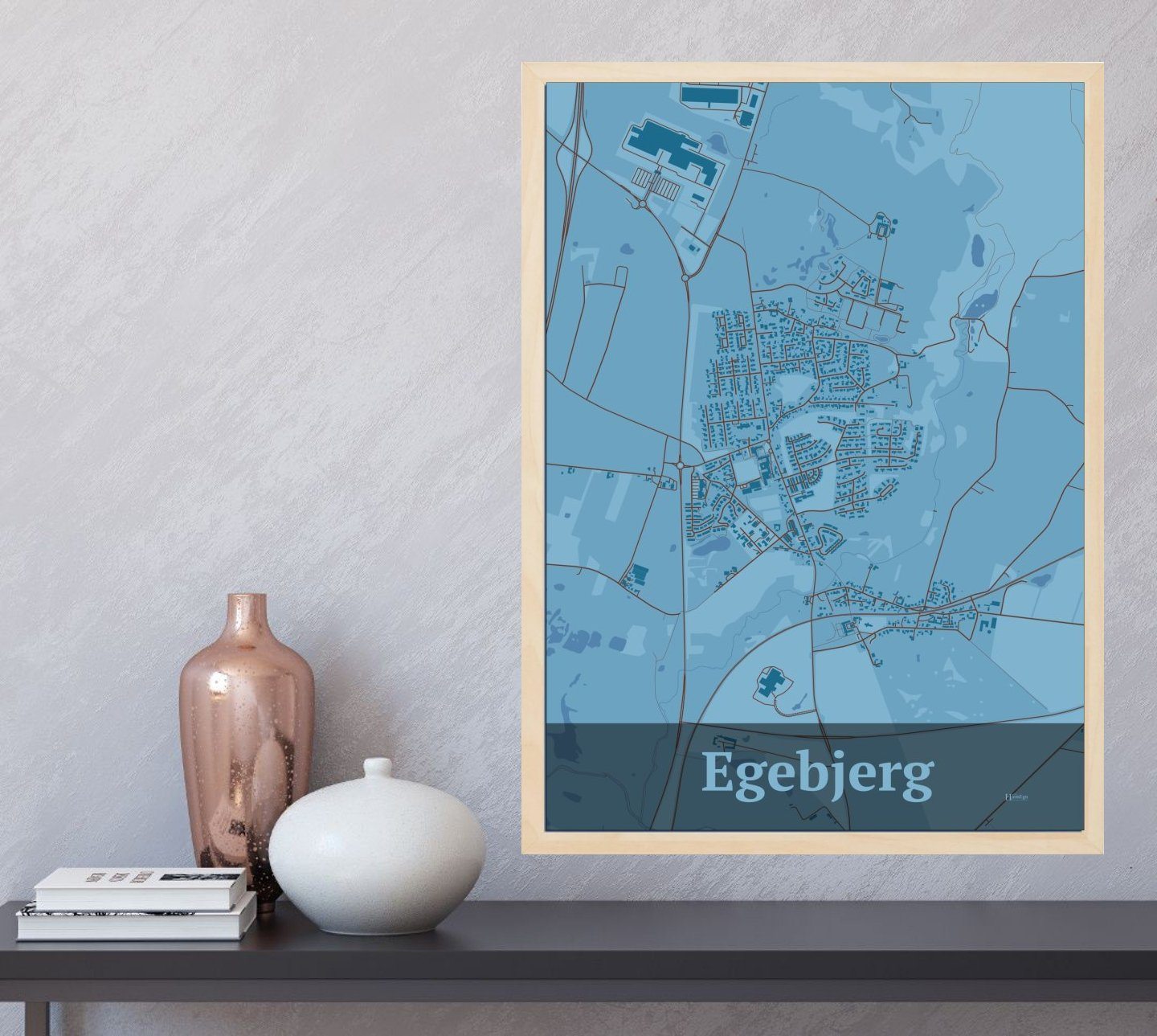 Egebjerg plakat i farve og HjemEgn.dk design firkantet. Design bykort for Egebjerg