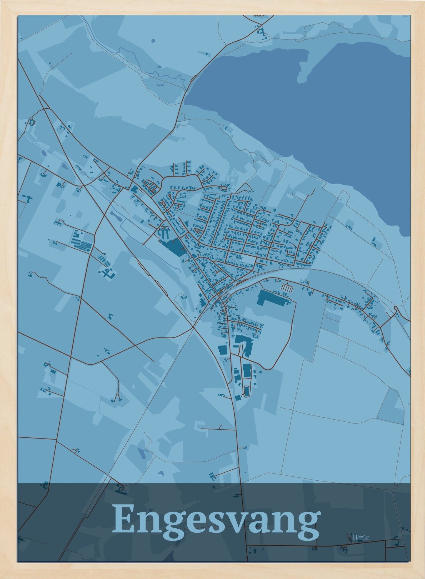 Engesvang plakat i farve pastel blå og HjemEgn.dk design firkantet. Design bykort for Engesvang