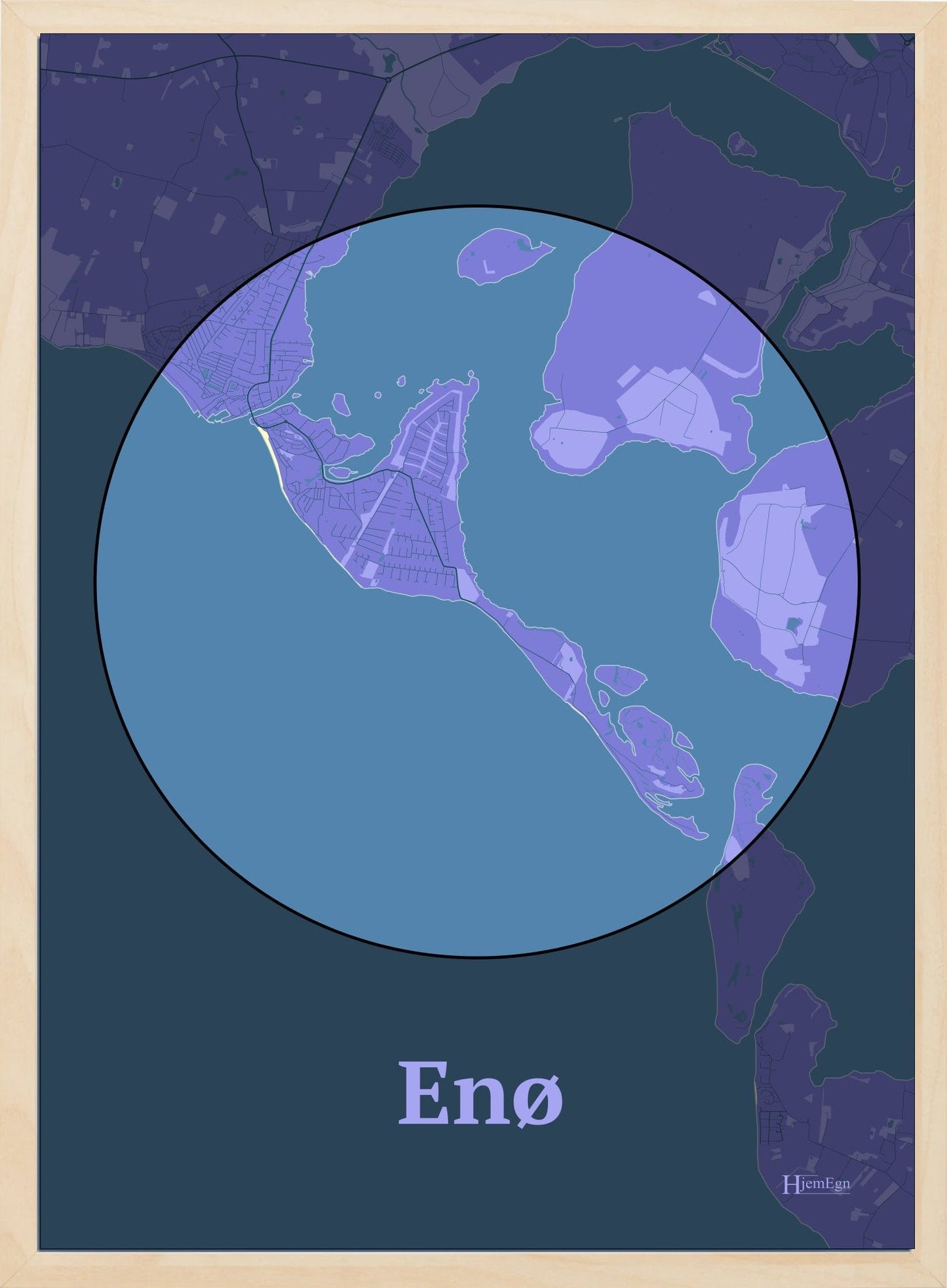 Enø plakat i farve pastel lilla og HjemEgn.dk design centrum. Design ø-kort for Enø