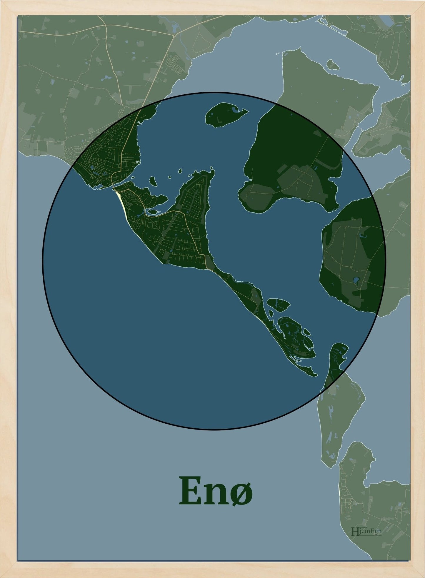 Enø plakat i farve mørk grøn og HjemEgn.dk design centrum. Design ø-kort for Enø