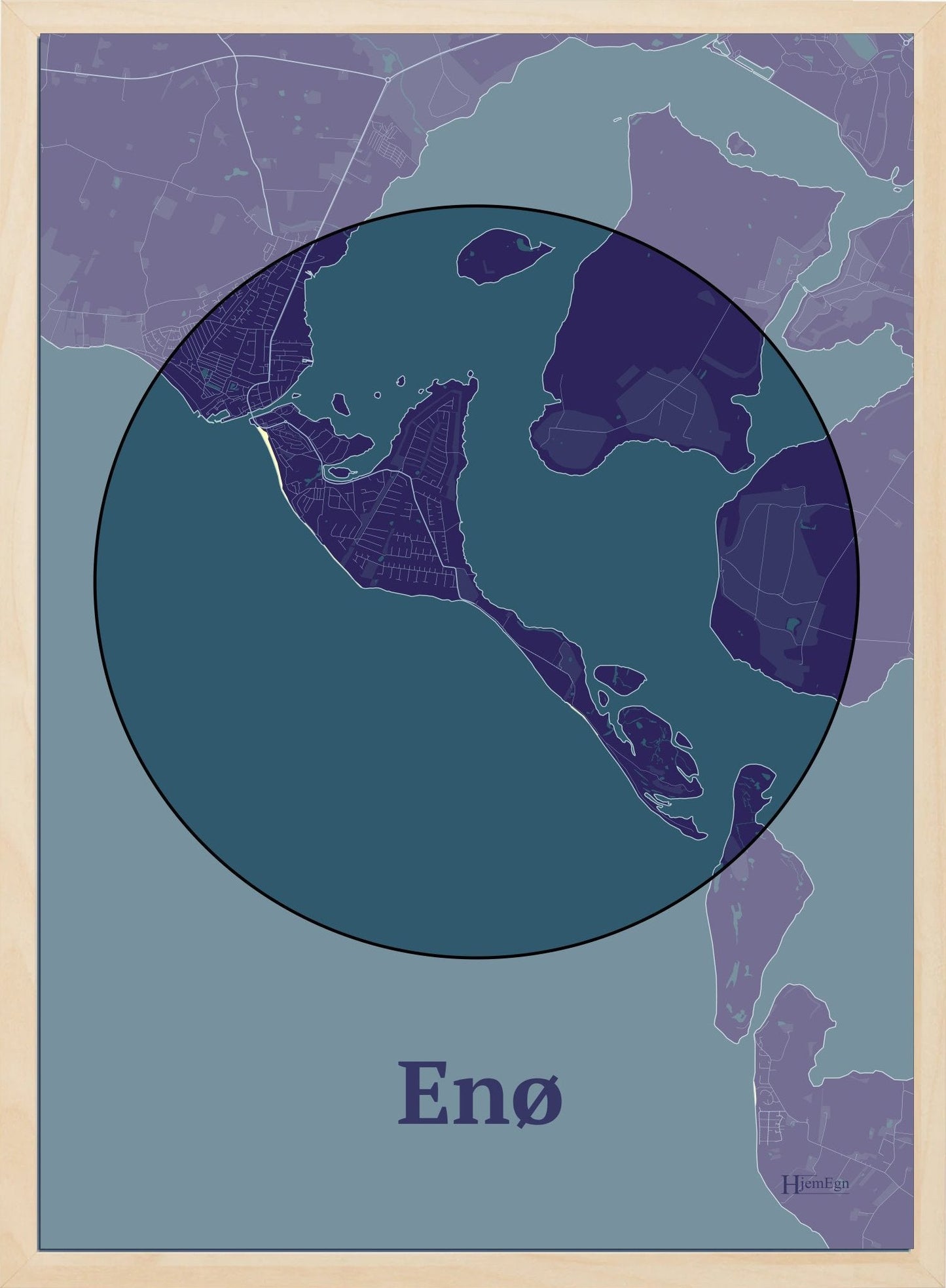 Enø plakat i farve mørk lilla og HjemEgn.dk design centrum. Design ø-kort for Enø