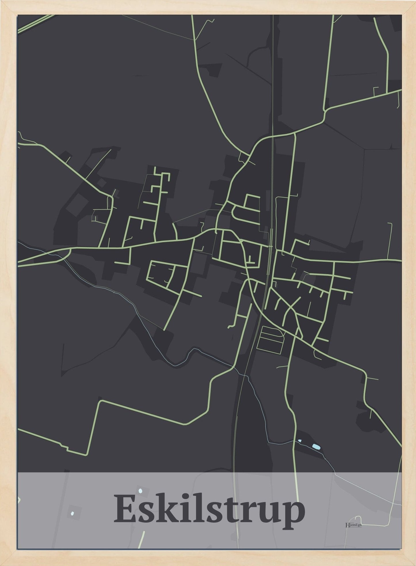 Eskilstrup plakat i farve mørk brun og HjemEgn.dk design firkantet. Design bykort for Eskilstrup