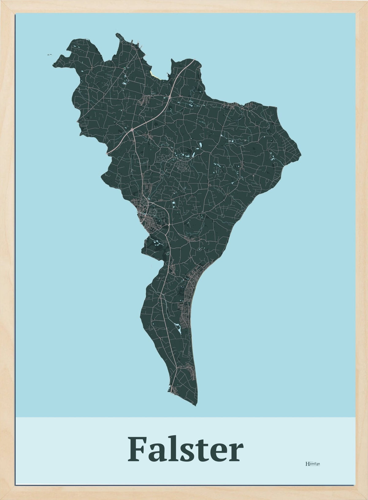 Falster plakat i farve mørk grøn og HjemEgn.dk design firkantet. Design ø-kort for Falster