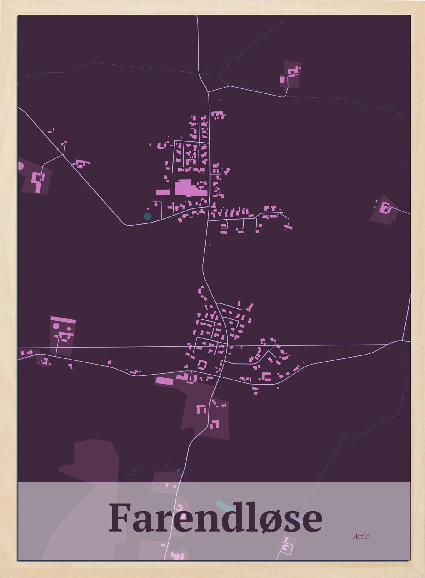 Farendløse plakat i farve mørk rød og HjemEgn.dk design firkantet. Design bykort for Farendløse