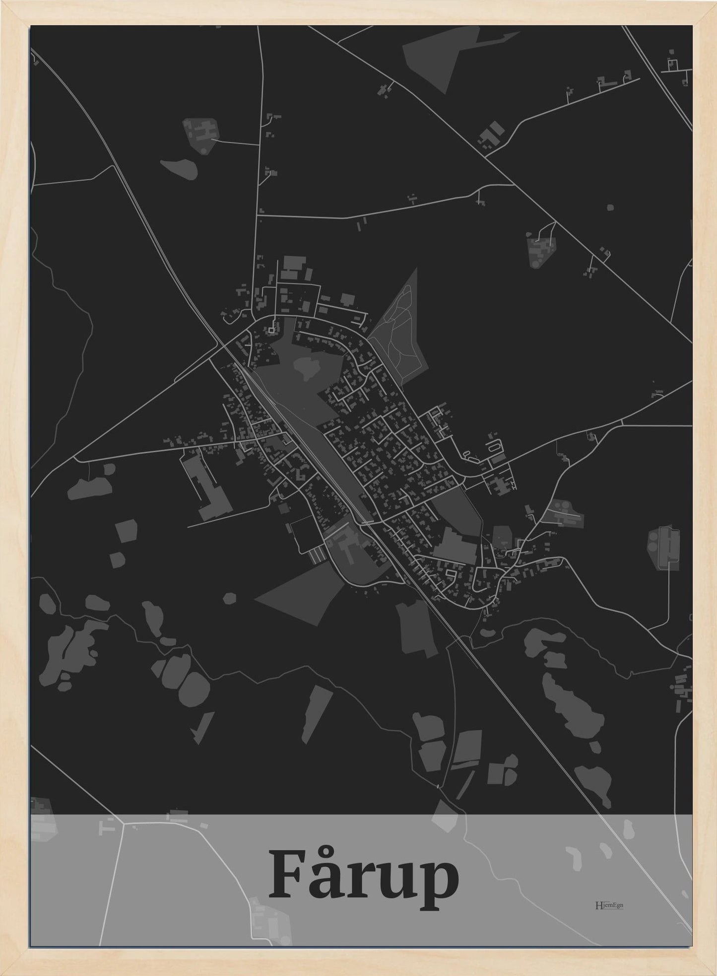 Fårup plakat i farve mørk grå og HjemEgn.dk design firkantet. Design bykort for Fårup