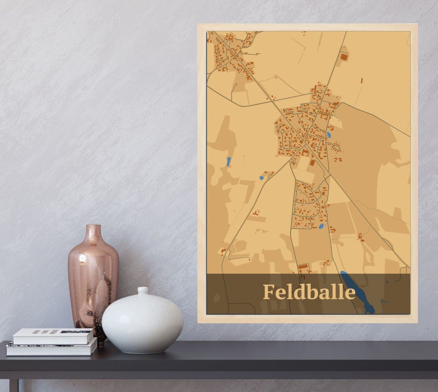 Feldballe plakat i farve og HjemEgn.dk design firkantet. Design bykort for Feldballe