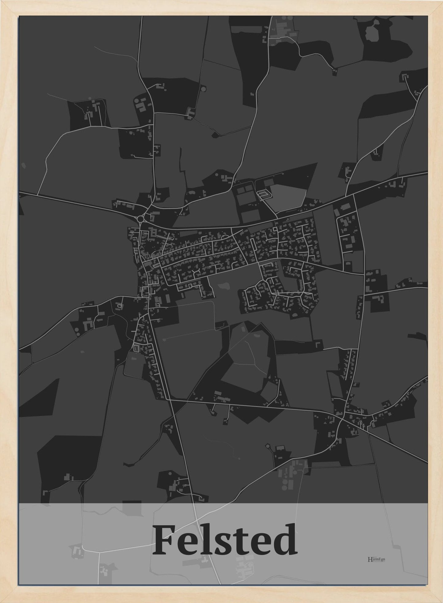 Felsted plakat i mørk grå og HjemEgn.dk design firkantet. Design bykort for Felsted