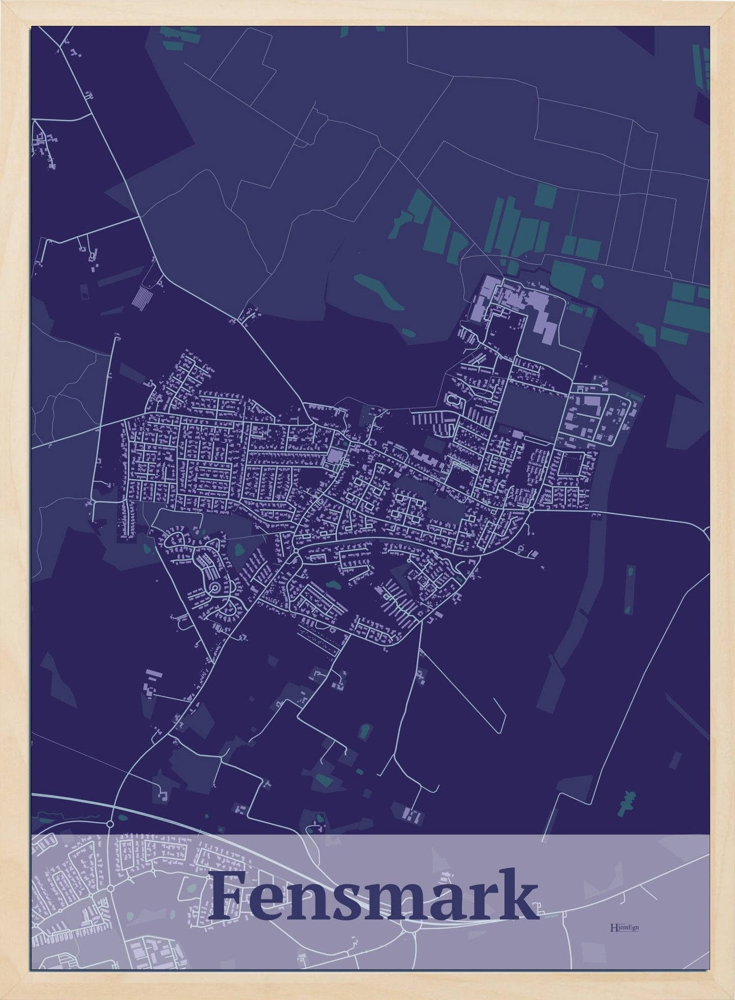 Fensmark plakat i farve mørk lilla og HjemEgn.dk design firkantet. Design bykort for Fensmark