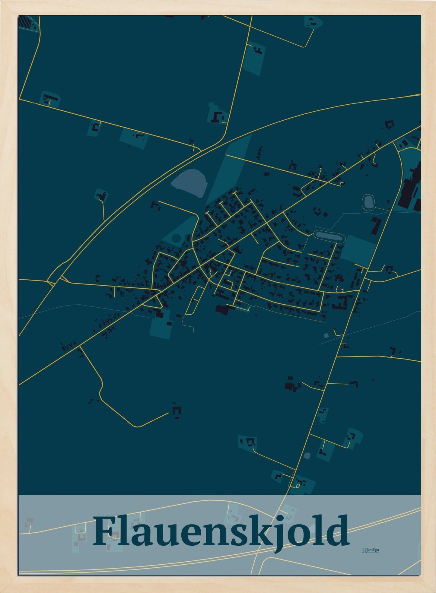 Flauenskjold plakat i farve mørk blå og HjemEgn.dk design firkantet. Design bykort for Flauenskjold