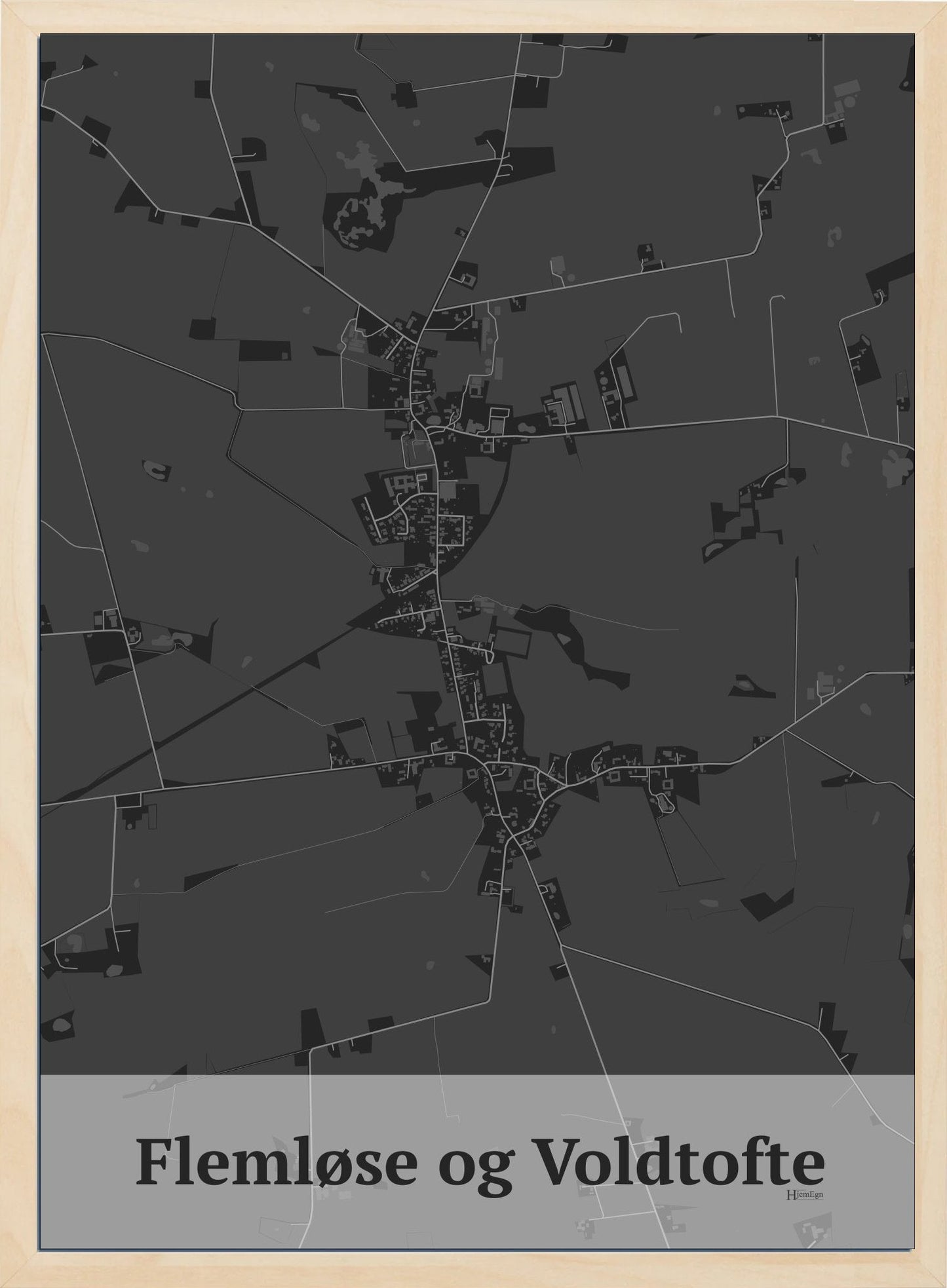 Flemløse & Voldtofte plakat i mørk grå og HjemEgn.dk design firkantet. Design bykort for Flemløse & Voldtofte