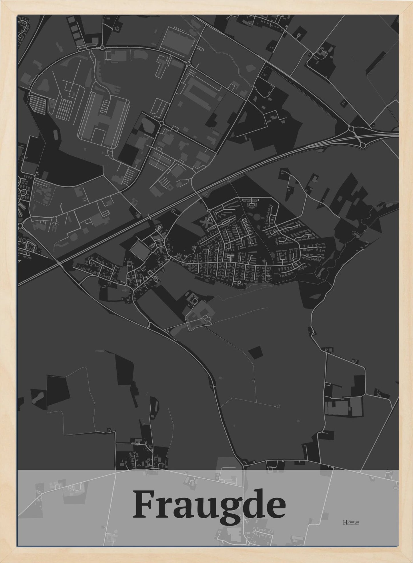 Fraugde plakat i farve mørk grå og HjemEgn.dk design firkantet. Design bykort for Fraugde
