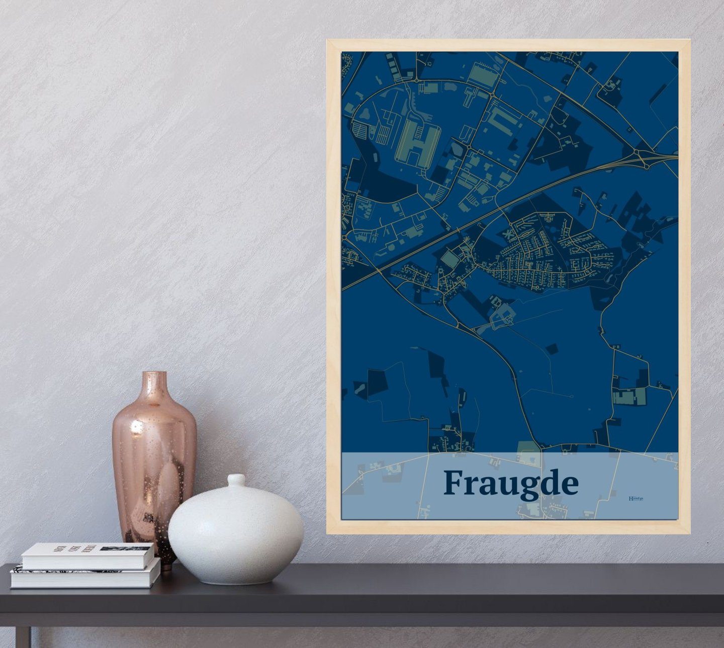 Fraugde plakat i farve og HjemEgn.dk design firkantet. Design bykort for Fraugde