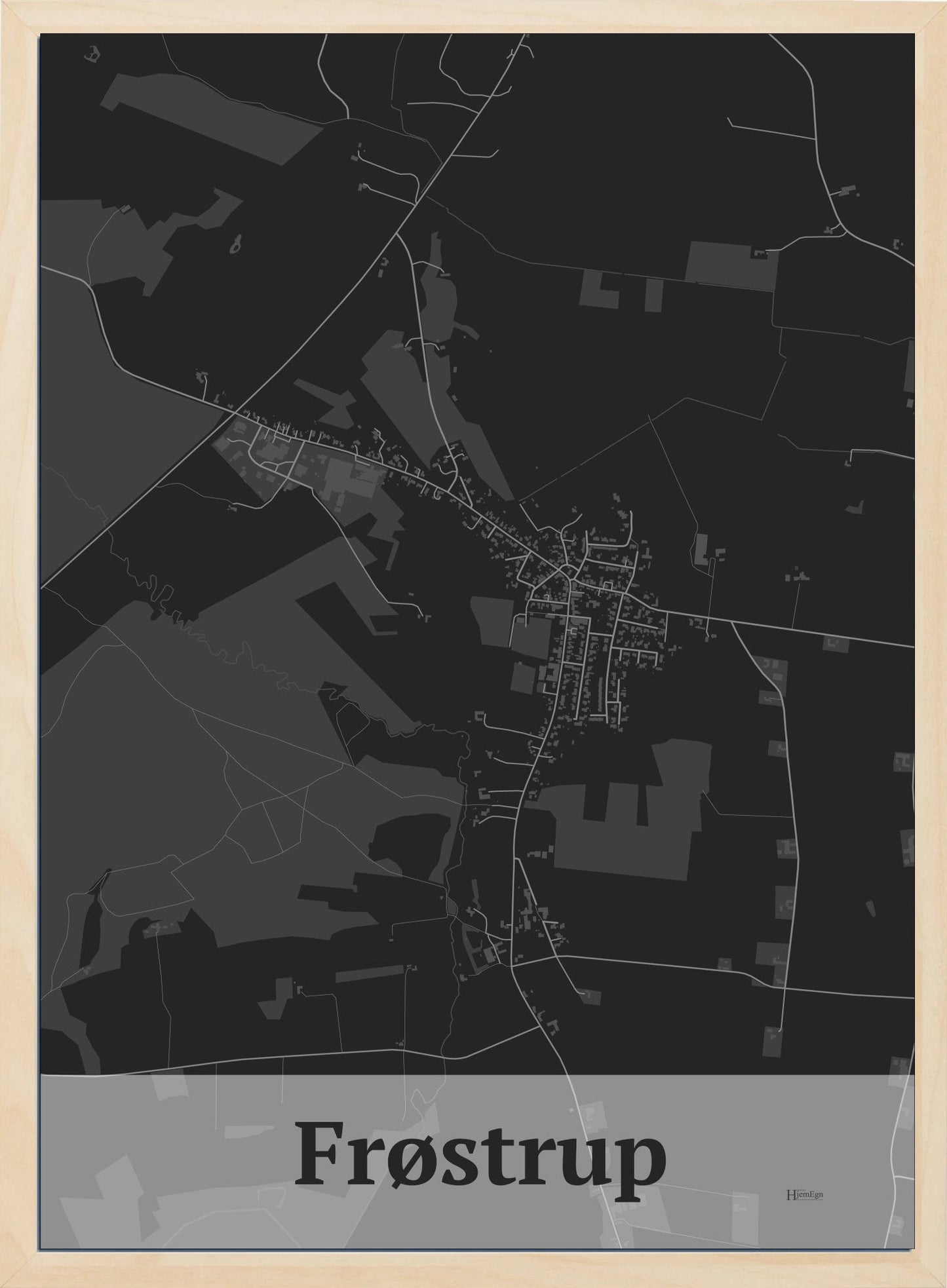 Frøstrup plakat i farve mørk grå og HjemEgn.dk design firkantet. Design bykort for Frøstrup