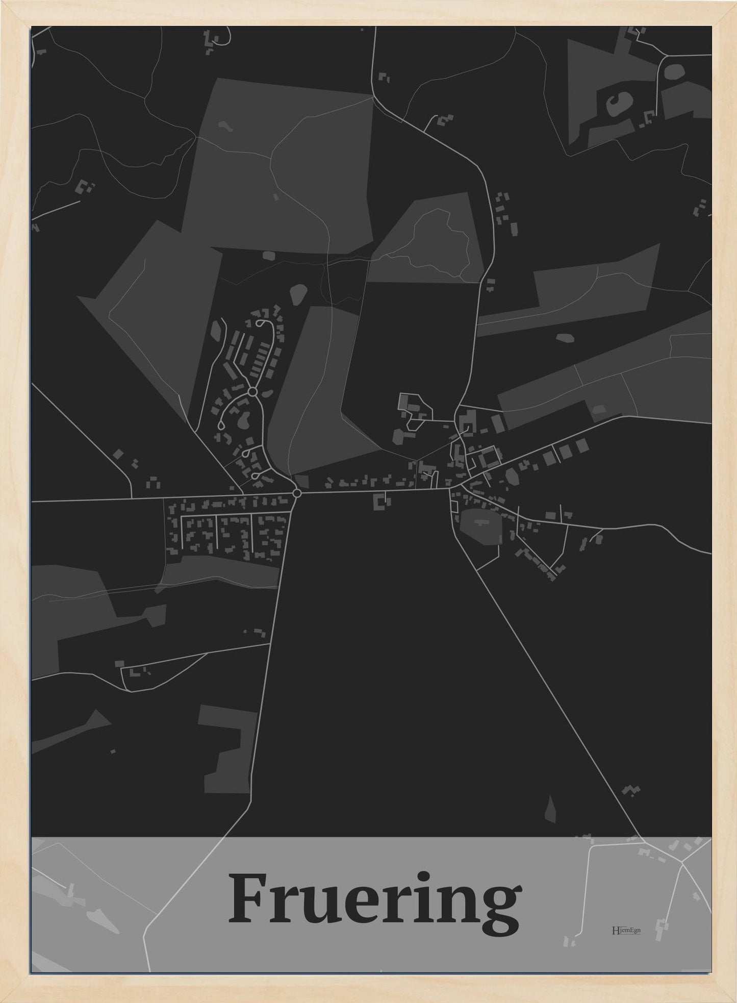 Fruering plakat i farve mørk grå og HjemEgn.dk design firkantet. Design bykort for Fruering