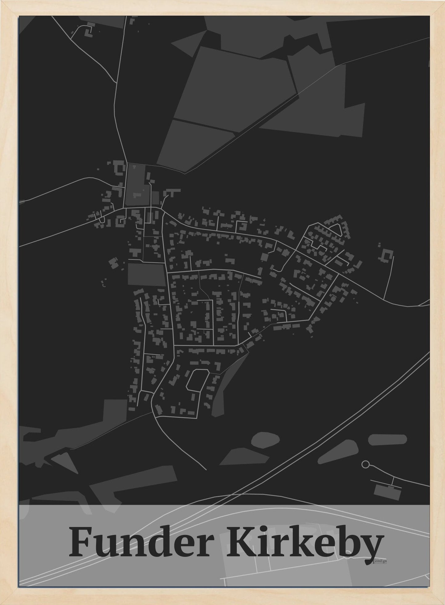 Funder Kirkeby plakat i farve mørk grå og HjemEgn.dk design firkantet. Design bykort for Funder Kirkeby