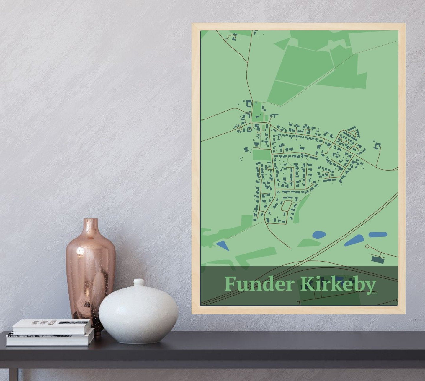 Funder Kirkeby plakat i farve og HjemEgn.dk design firkantet. Design bykort for Funder Kirkeby