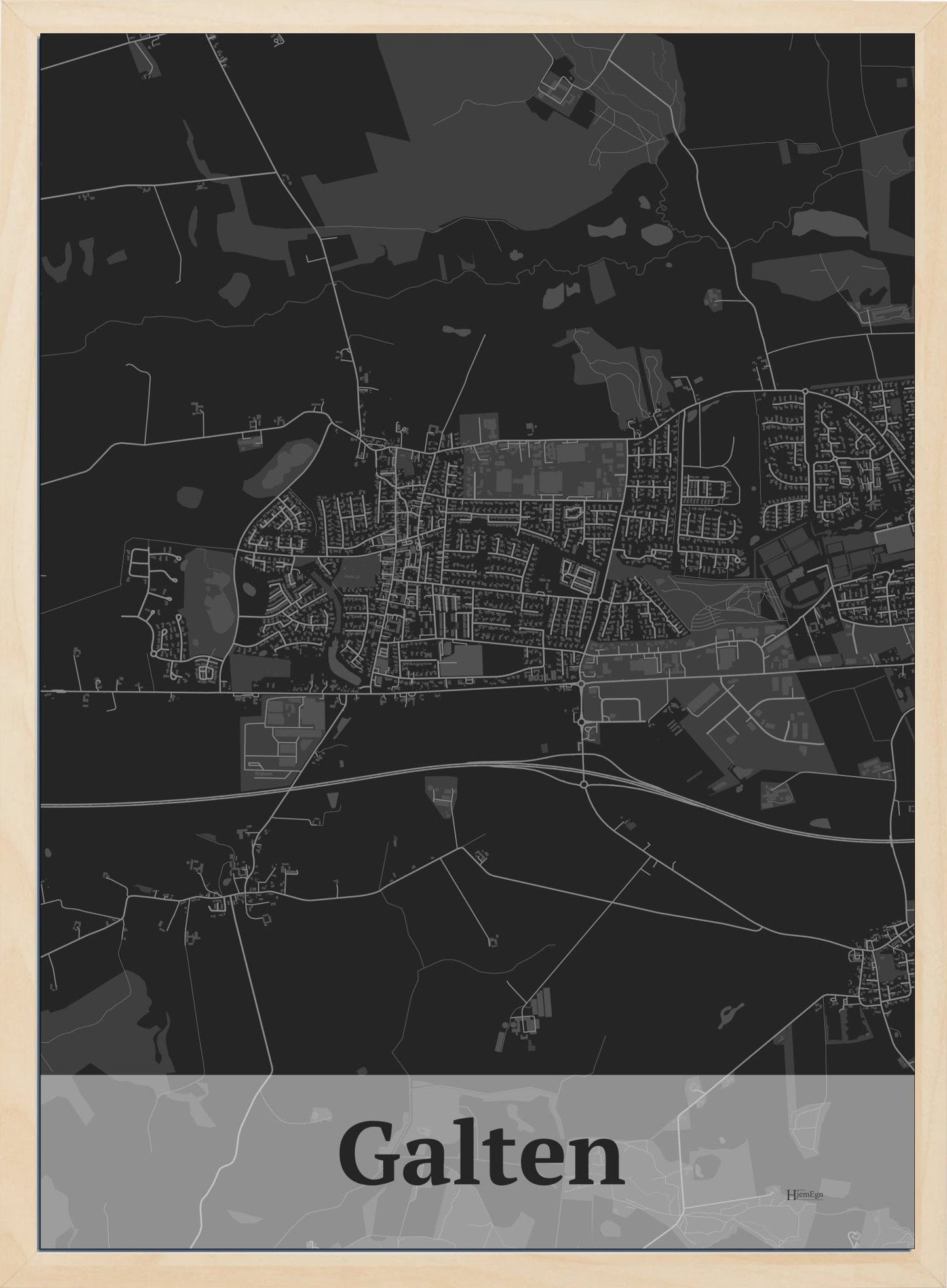 Galten plakat i farve mørk grå og HjemEgn.dk design firkantet. Design bykort for Galten