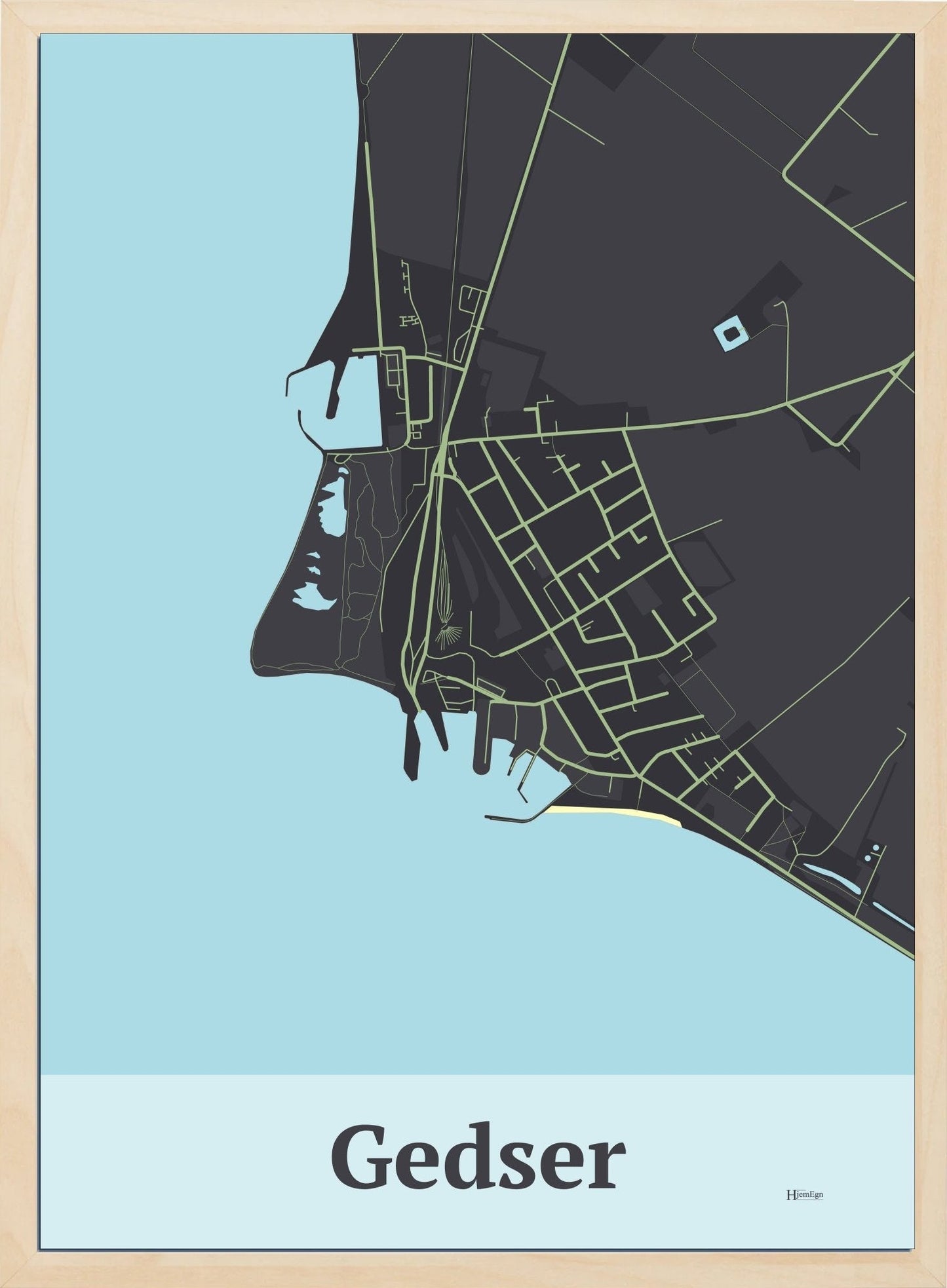 Gedser plakat i farve mørk brun og HjemEgn.dk design firkantet. Design bykort for Gedser