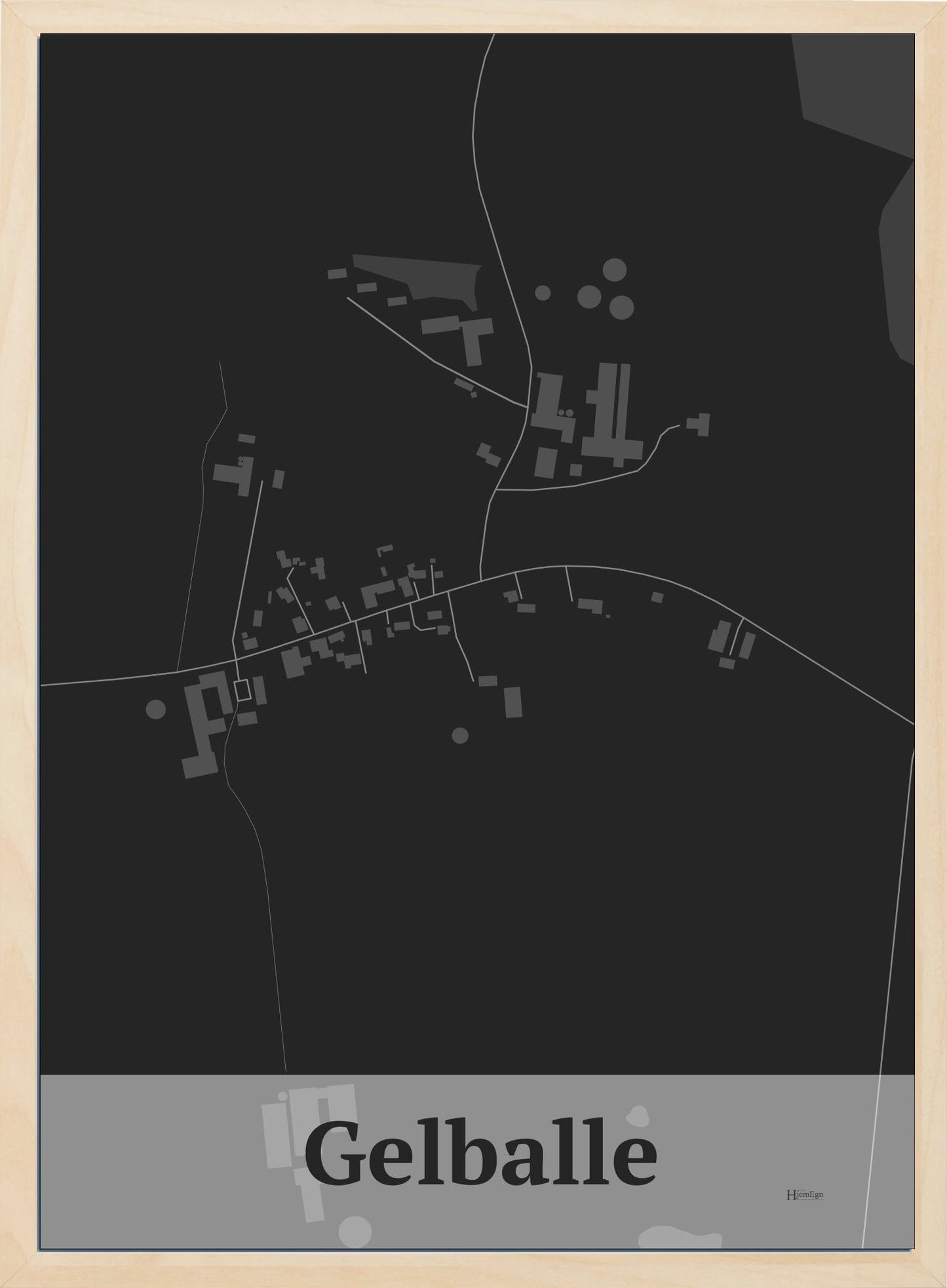 Gelballe plakat i farve mørk grå og HjemEgn.dk design firkantet. Design bykort for Gelballe