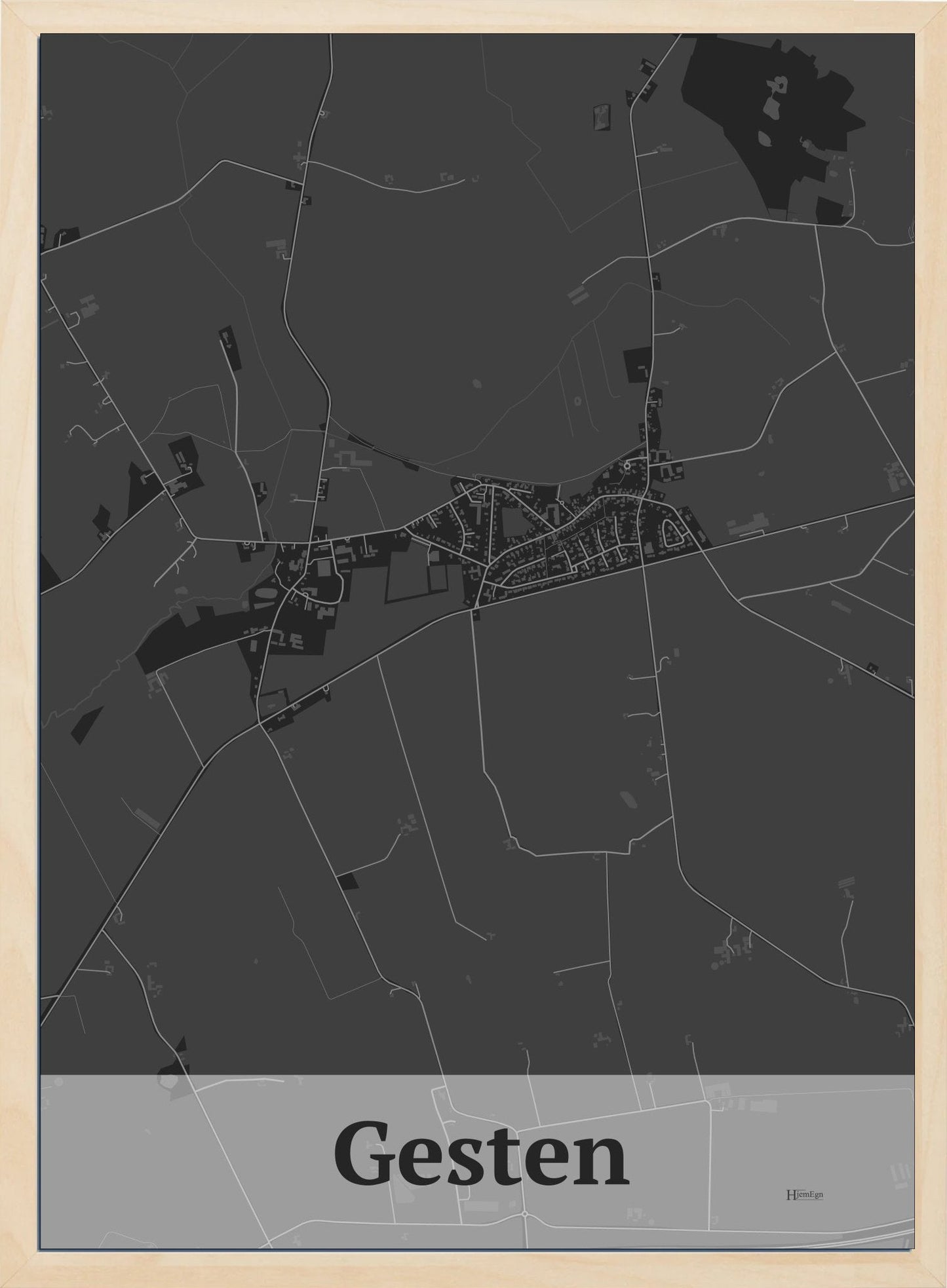Gesten plakat i farve mørk grå og HjemEgn.dk design firkantet. Design bykort for Gesten