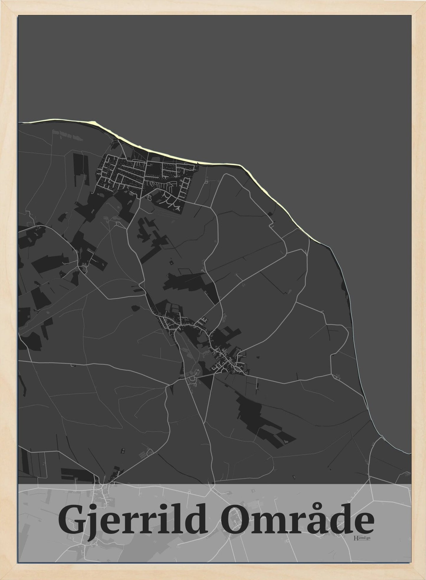 Gjerrild Område plakat i farve mørk grå og HjemEgn.dk design firkantet. Design bykort for Gjerrild Område