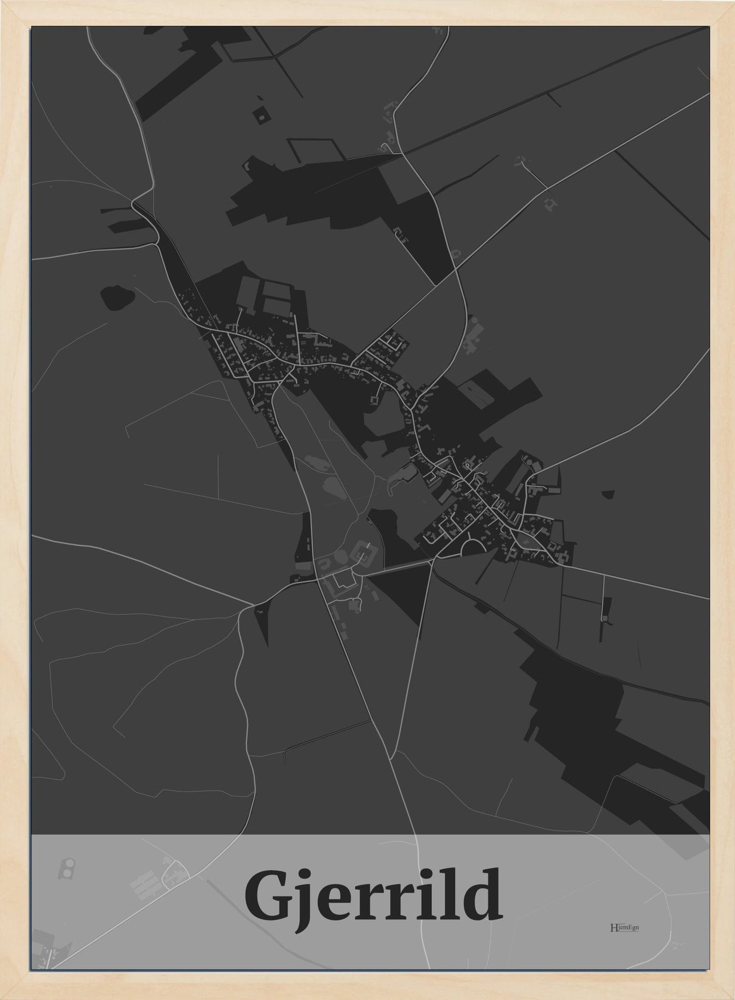 Gjerrild plakat i farve mørk grå og HjemEgn.dk design firkantet. Design bykort for Gjerrild