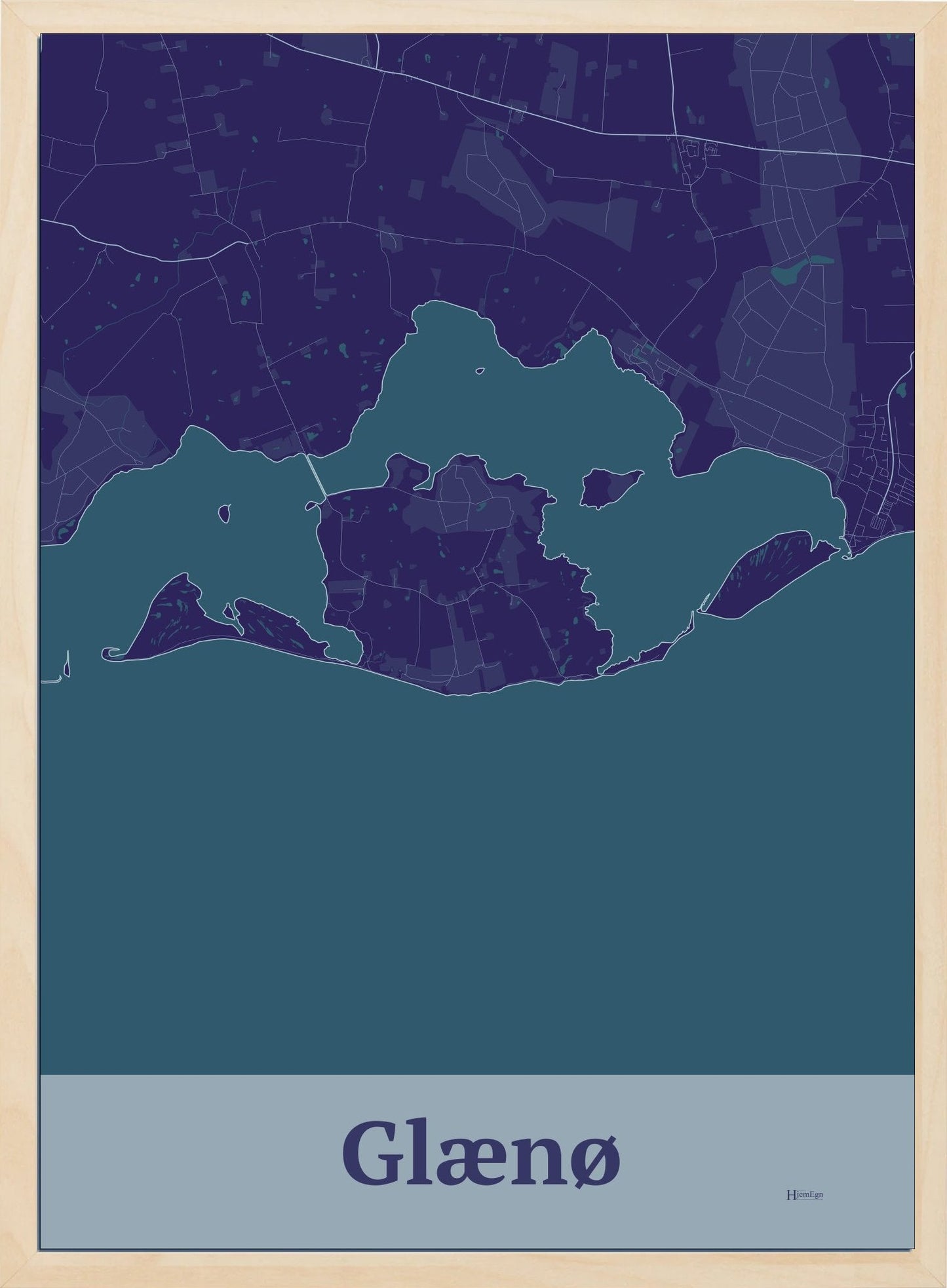 Glænø plakat i farve mørk lilla og HjemEgn.dk design firkantet. Design ø-kort for Glænø