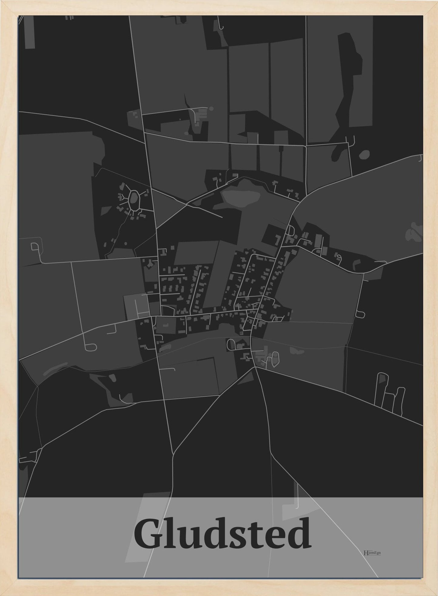 Gludsted plakat i farve mørk grå og HjemEgn.dk design firkantet. Design bykort for Gludsted