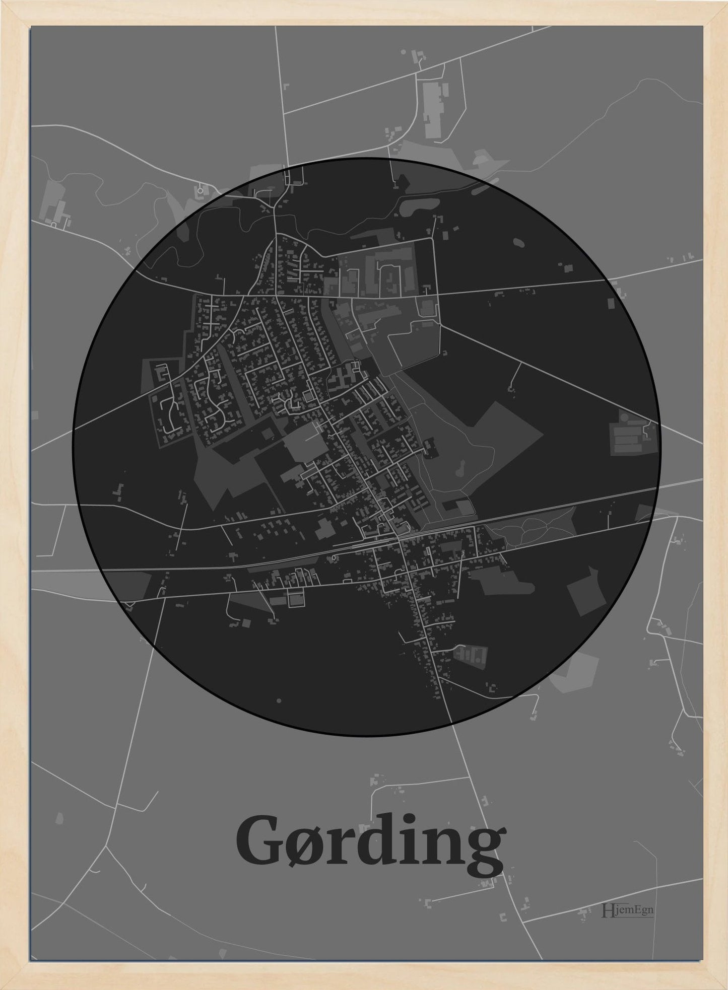 Gørding plakat i farve mørk grå og HjemEgn.dk design centrum. Design bykort for Gørding