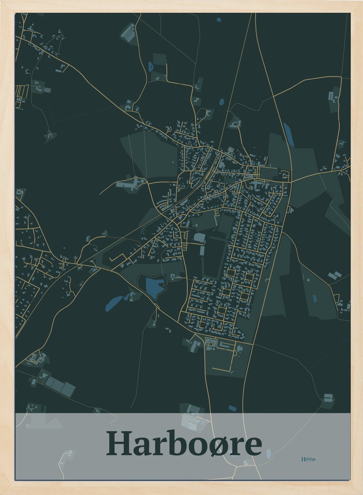 Harboøre plakat i farve mørk grøn og HjemEgn.dk design firkantet. Design bykort for Harboøre