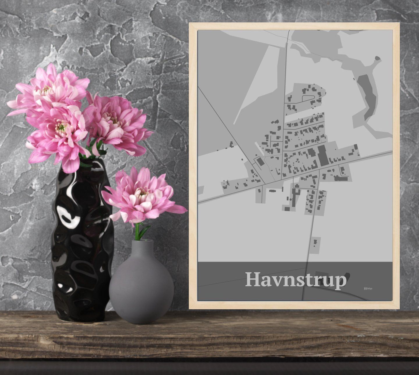 Havnstrup plakat i farve og HjemEgn.dk design firkantet. Design bykort for Havnstrup