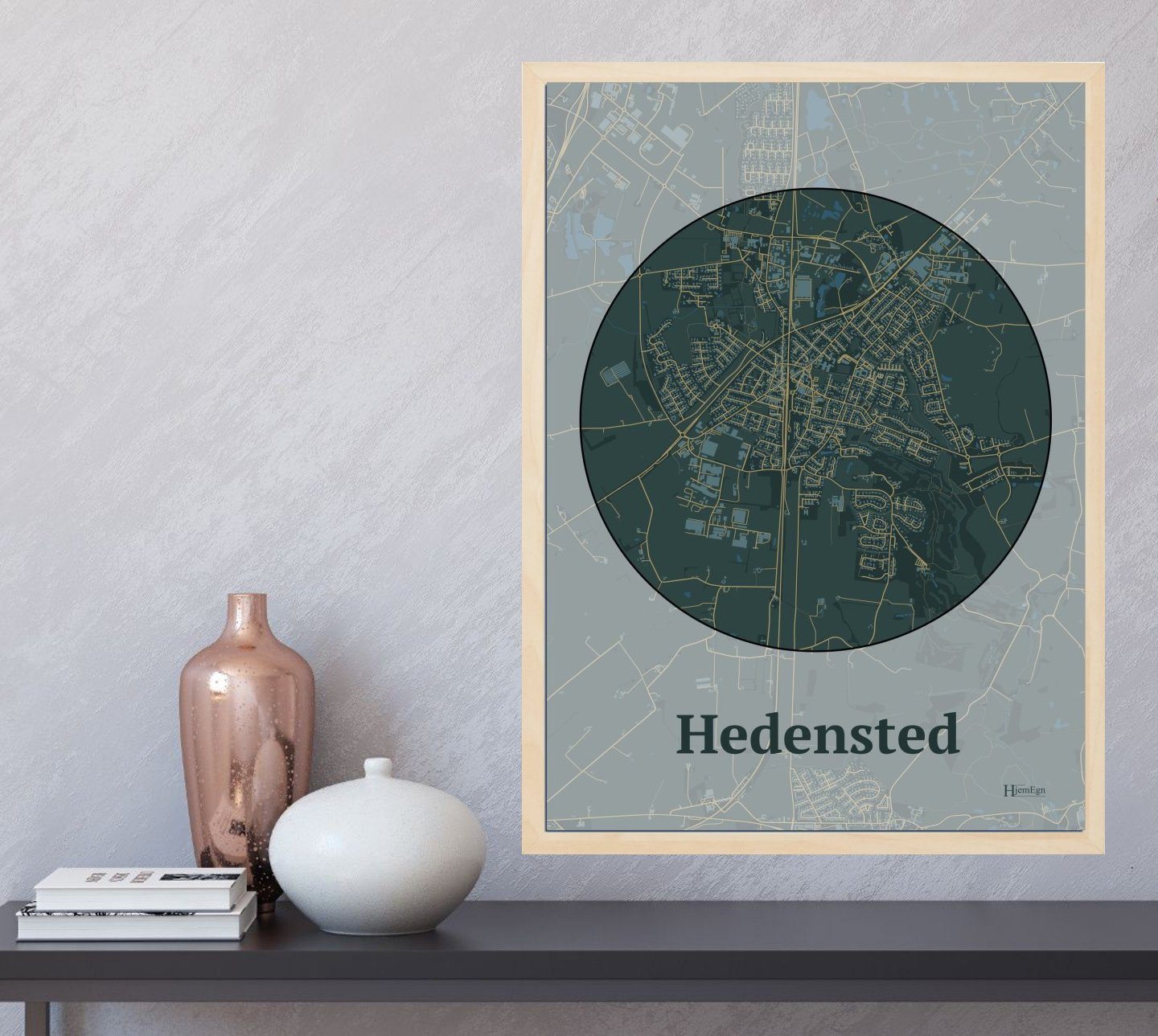 Hedensted plakat i farve og HjemEgn.dk design centrum. Design bykort for Hedensted