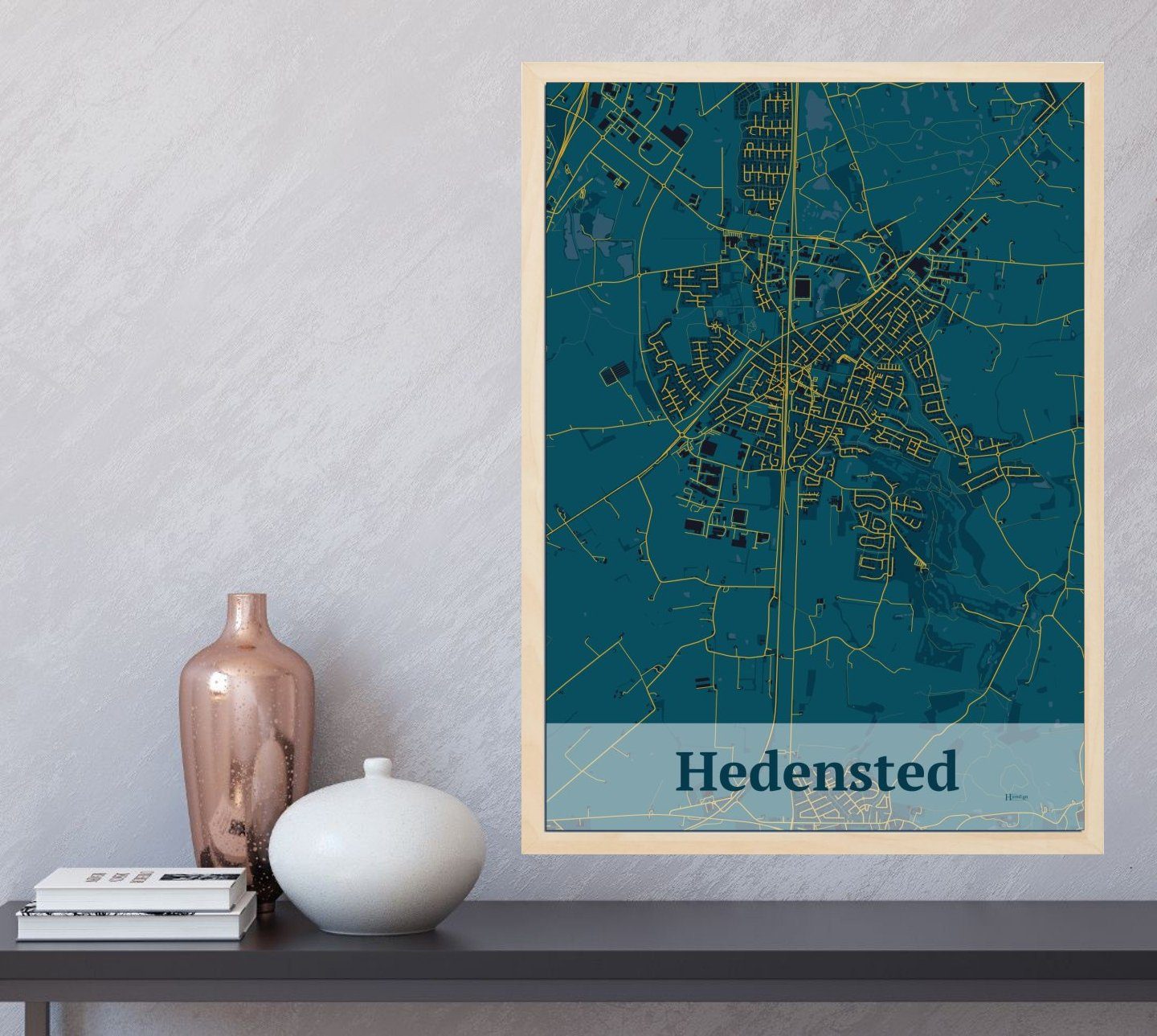 Hedensted plakat i farve og HjemEgn.dk design firkantet. Design bykort for Hedensted