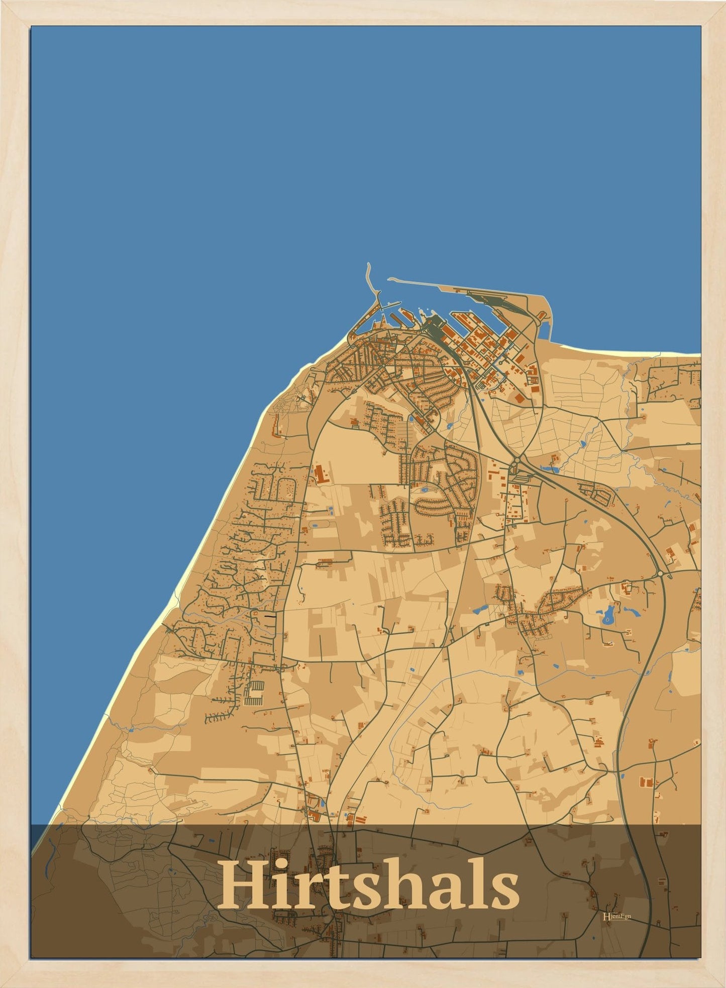 Hirtshals plakat i pastel brun og HjemEgn.dk design firkantet. Design bykort for Hirtshals